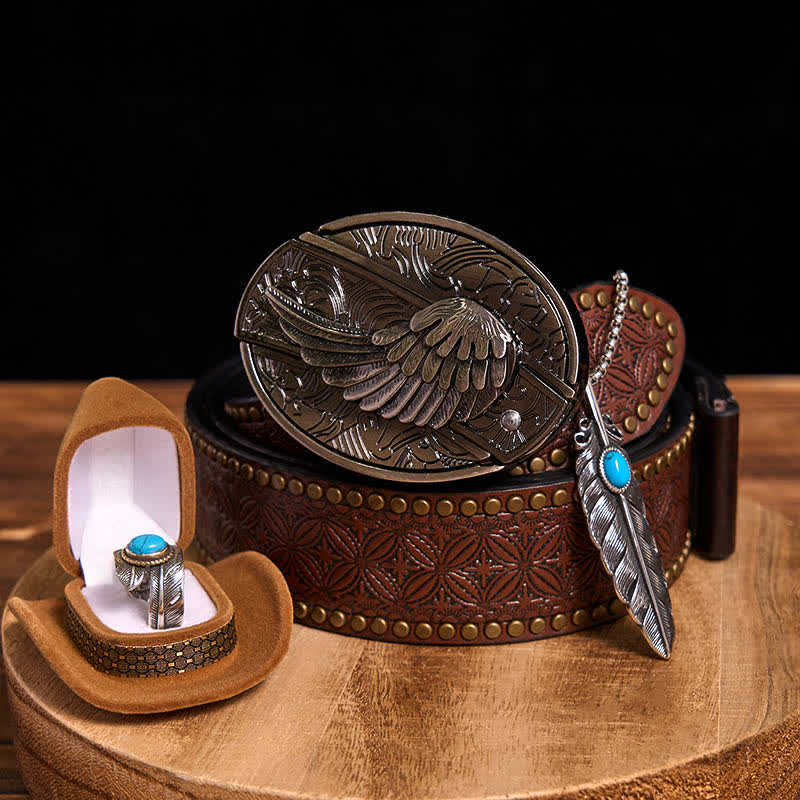 Conjunto de collar y anillo con pluma turquesa y hebilla de cinturón con cuchillo oculto de alas angulares