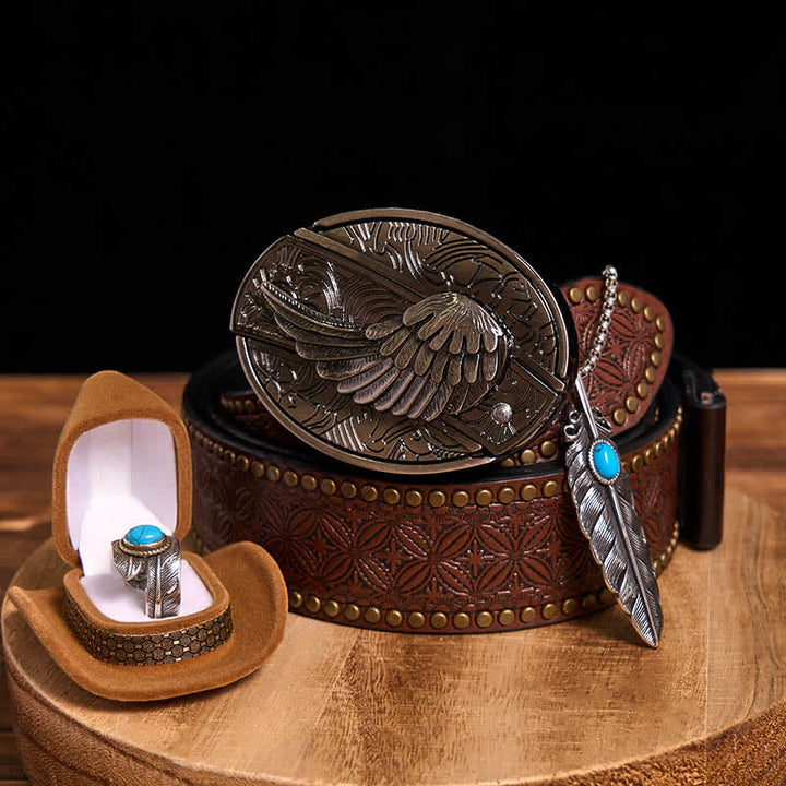 Conjunto de collar y anillo con pluma turquesa y hebilla de cinturón con cuchillo oculto de alas angulares