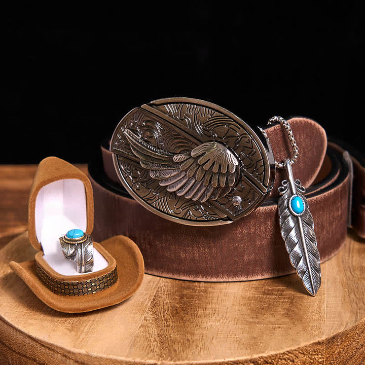 Conjunto de collar y anillo con pluma turquesa y hebilla de cinturón con cuchillo oculto de alas angulares