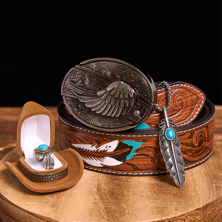 Conjunto de collar y anillo con pluma turquesa y hebilla de cinturón con cuchillo oculto de alas angulares