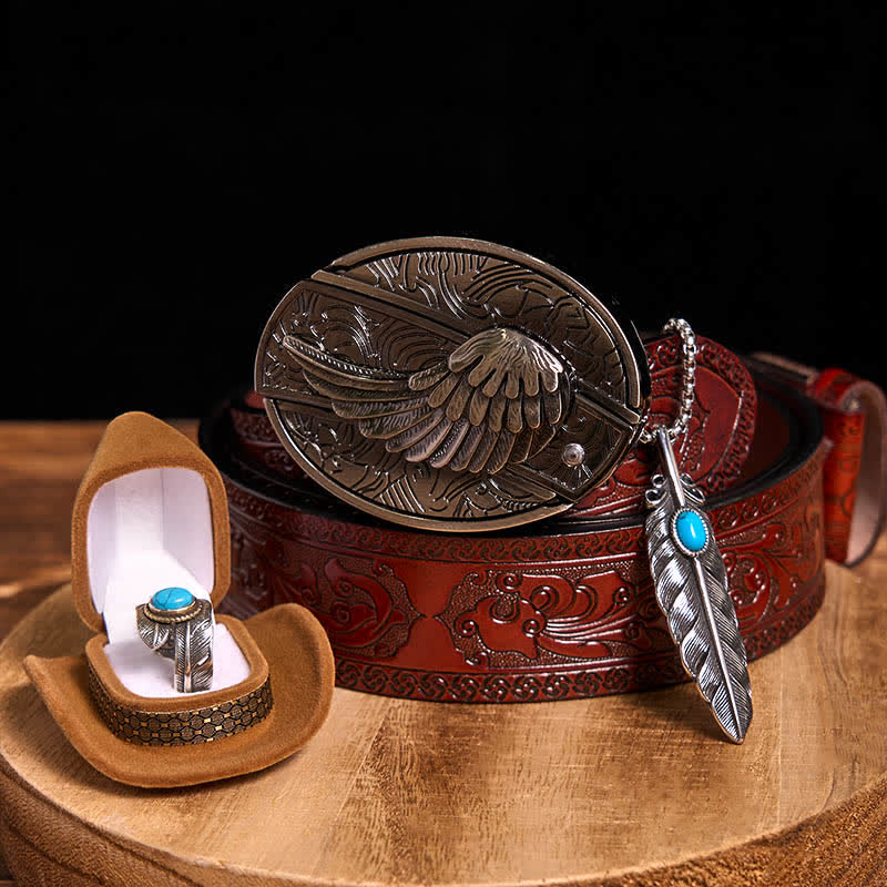 Conjunto de collar y anillo con pluma turquesa y hebilla de cinturón con cuchillo oculto de alas angulares