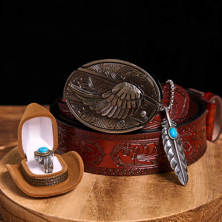 Conjunto de collar y anillo con pluma turquesa y hebilla de cinturón con cuchillo oculto de alas angulares