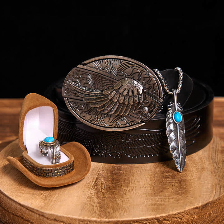 Conjunto de collar y anillo con pluma turquesa y hebilla de cinturón con cuchillo oculto de alas angulares