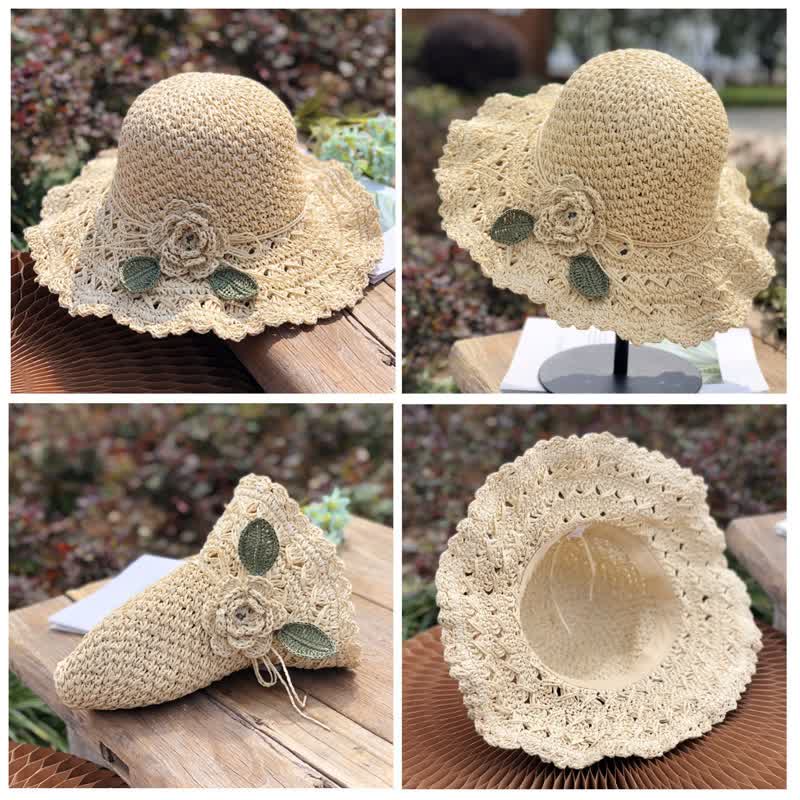 Elegante sombrero de paja plegable de crochet con detalles de flores para verano