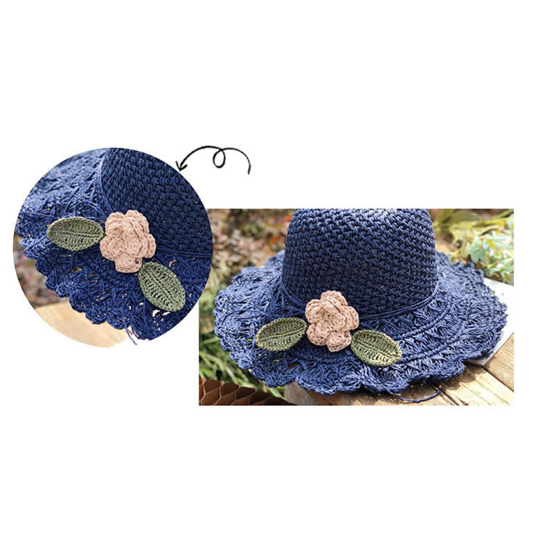 Elegante sombrero de paja plegable de crochet con detalles de flores para verano