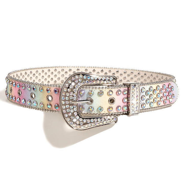 Cinturón de piel con diamantes de imitación de colores del arco iris para mujer