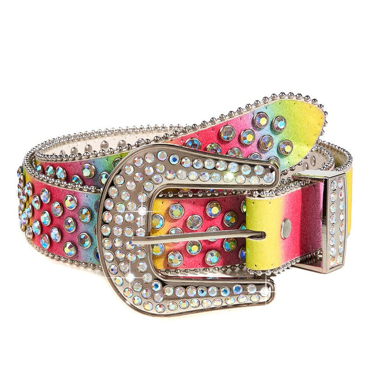 Cinturón de piel con diamantes de imitación de colores del arco iris para mujer