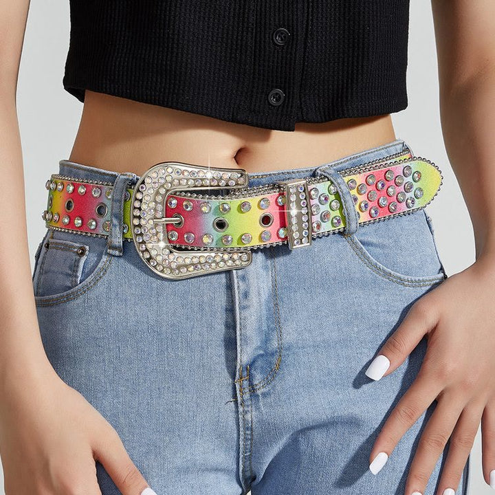 Cinturón de piel con diamantes de imitación de colores del arco iris para mujer