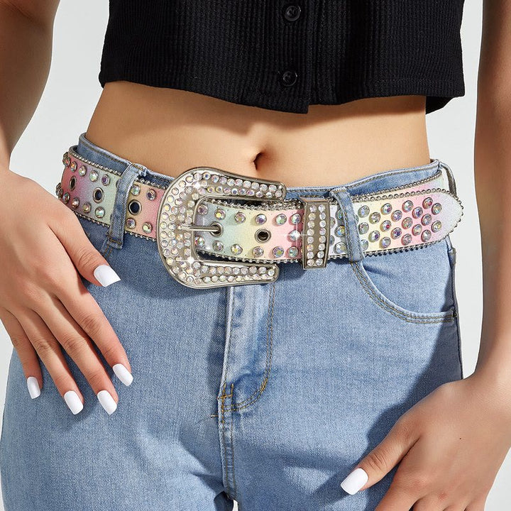 Cinturón de piel con diamantes de imitación de colores del arco iris para mujer