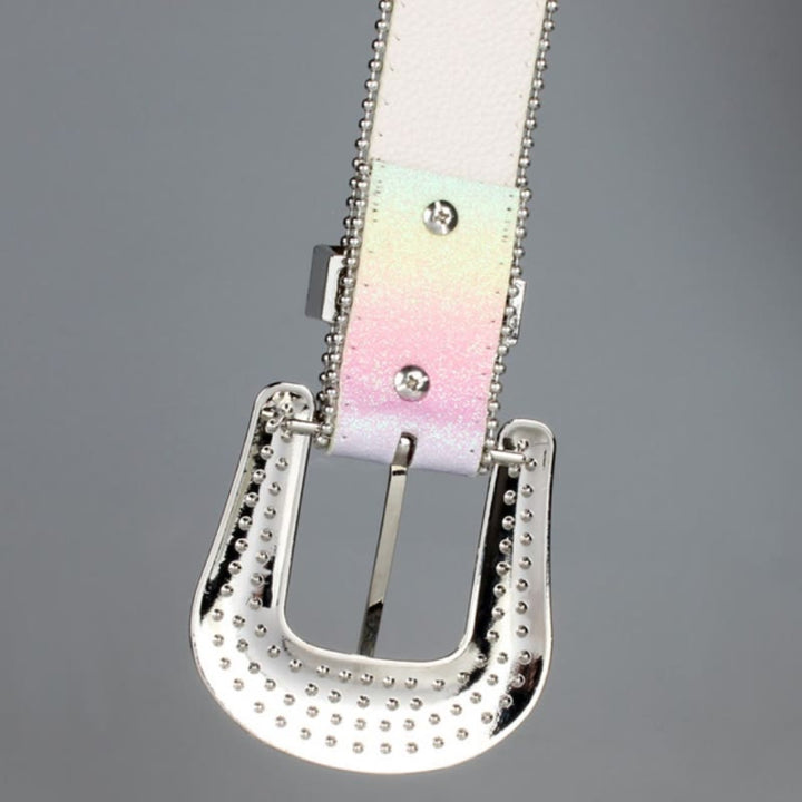 Cinturón de piel con diamantes de imitación de colores del arco iris para mujer