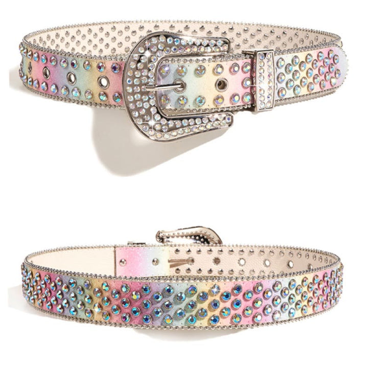 Cinturón de piel con diamantes de imitación de colores del arco iris para mujer