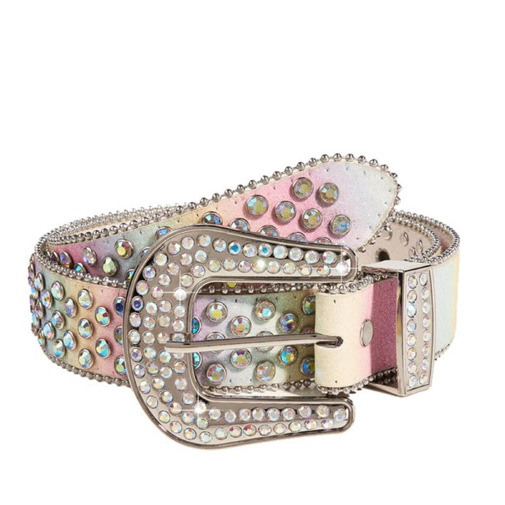 Cinturón de piel con diamantes de imitación de colores del arco iris para mujer