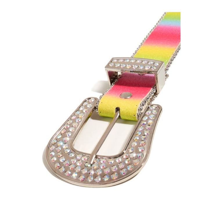 Cinturón de piel con diamantes de imitación de colores del arco iris para mujer