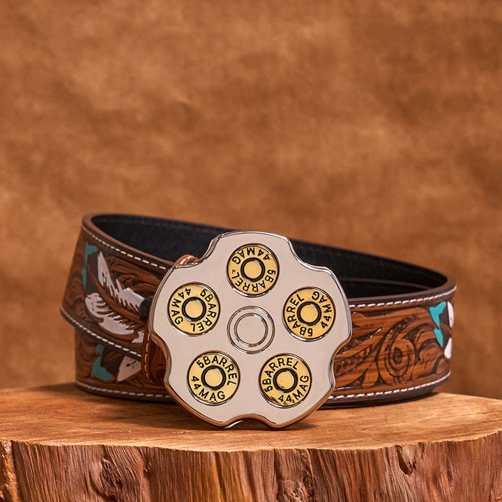 Cinturón de cuero con hebilla de vaquero occidental, hecho a mano, con rueda de bala 3D