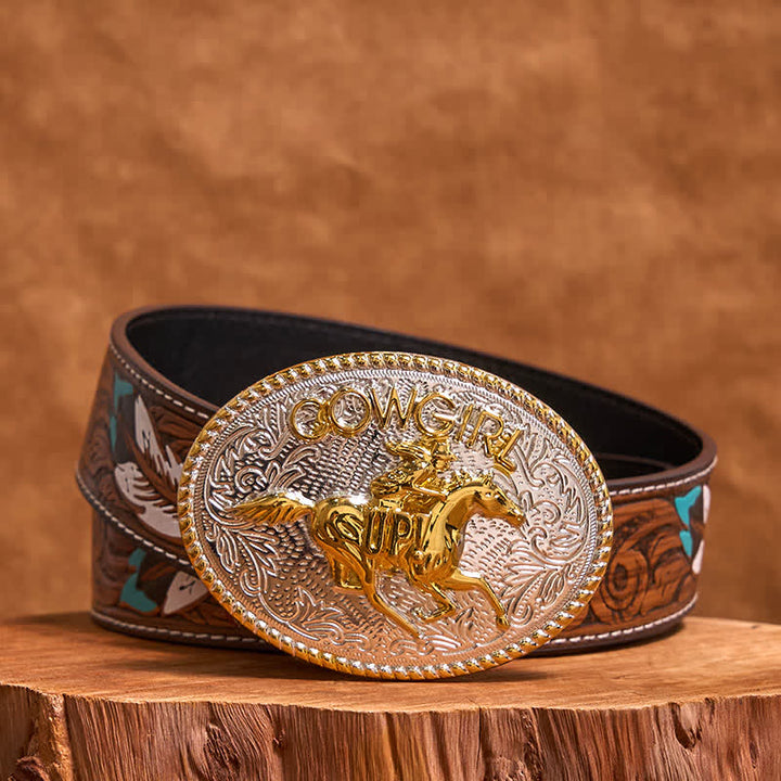 Cinturón de cuero con hebilla para montar a caballo, dorado y plateado, para vaquera