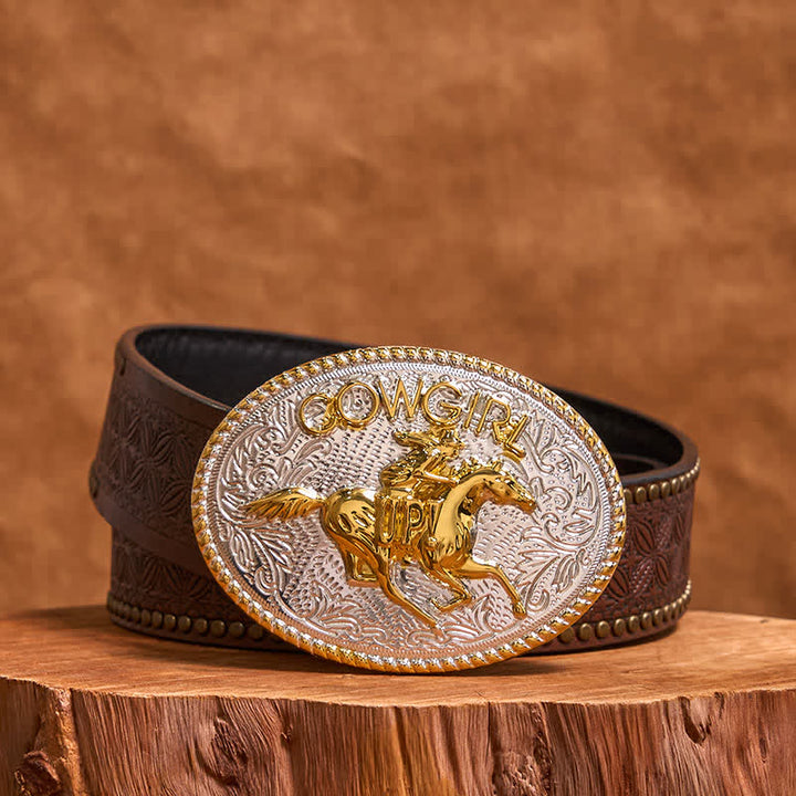 Cinturón de cuero con hebilla para montar a caballo, dorado y plateado, para vaquera