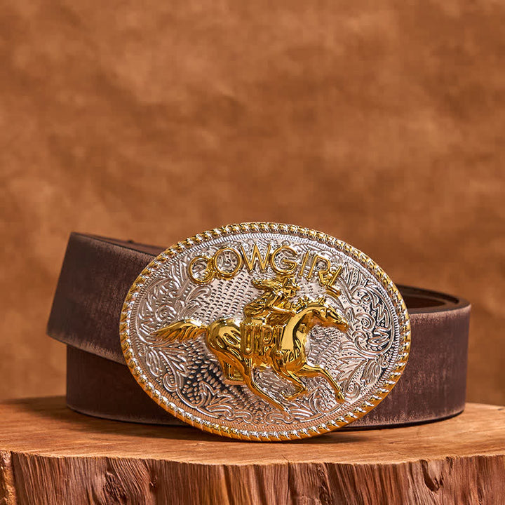 Cinturón de cuero con hebilla para montar a caballo, dorado y plateado, para vaquera