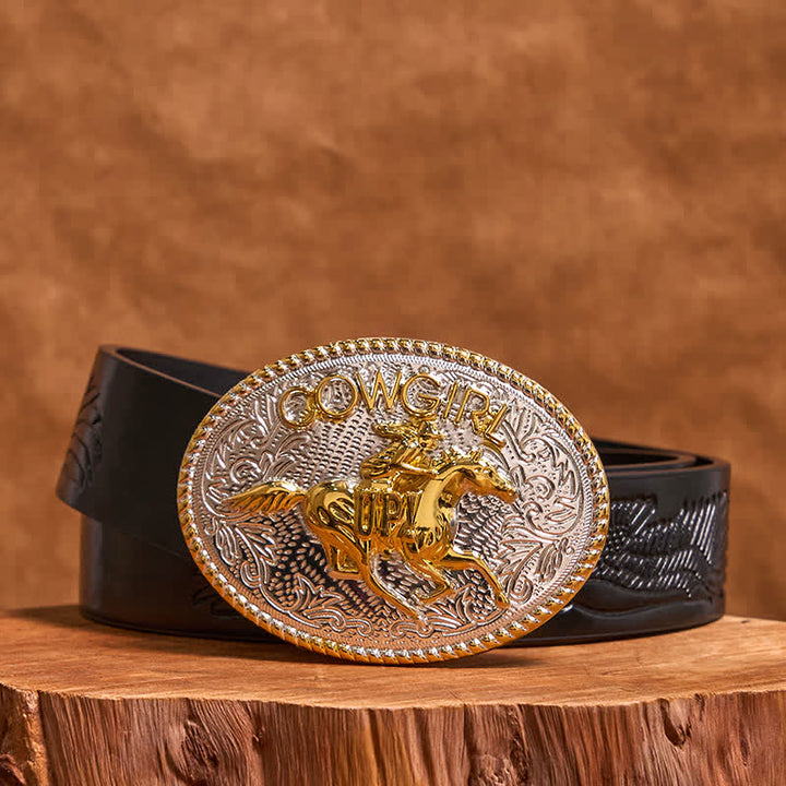 Cinturón de cuero con hebilla para montar a caballo, dorado y plateado, para vaquera