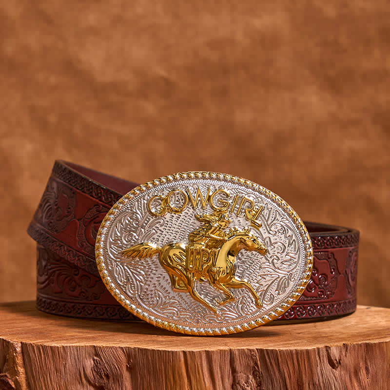Cinturón de cuero con hebilla para montar a caballo, dorado y plateado, para vaquera