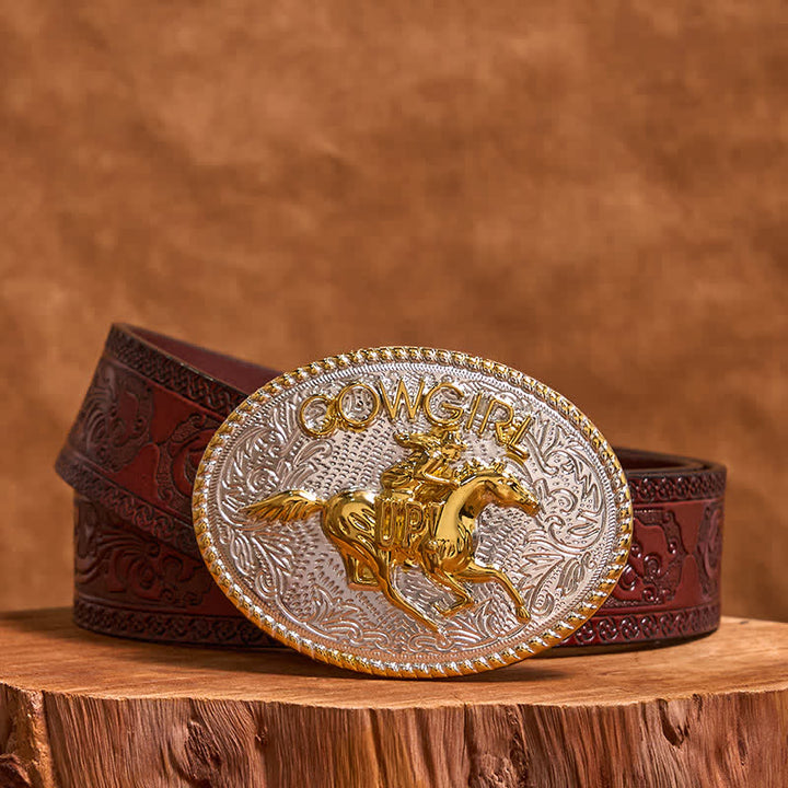 Cinturón de cuero con hebilla para montar a caballo, dorado y plateado, para vaquera