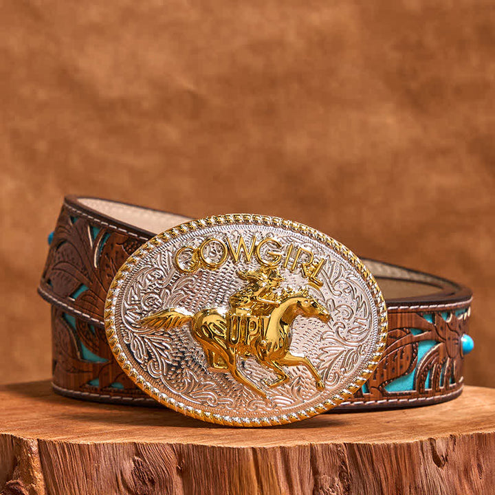 Cinturón de cuero con hebilla para montar a caballo, dorado y plateado, para vaquera