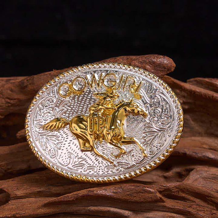 Cinturón de cuero con hebilla para montar a caballo, dorado y plateado, para vaquera
