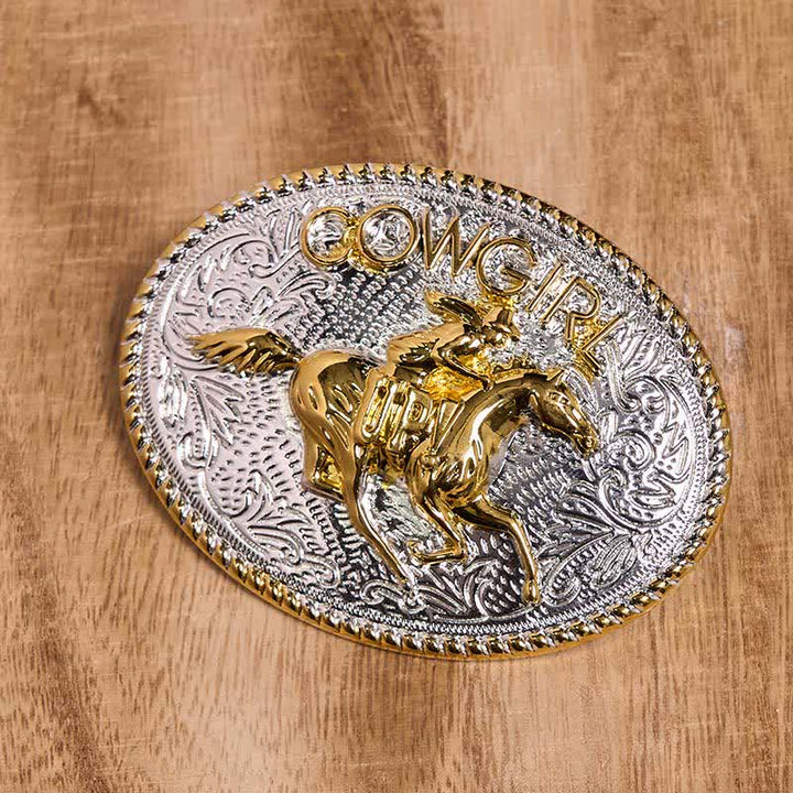 Cinturón de cuero con hebilla para montar a caballo, dorado y plateado, para vaquera