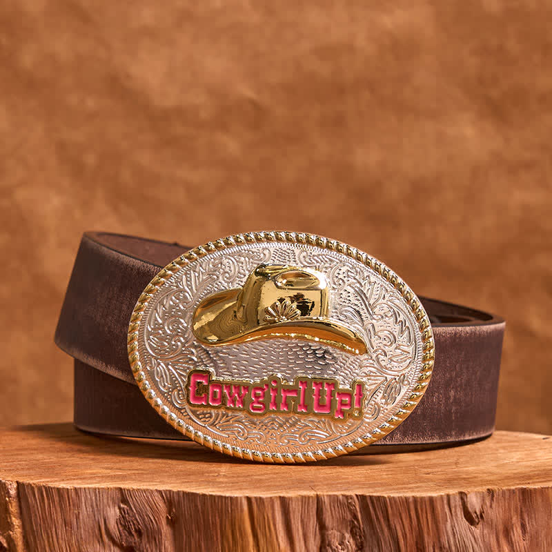 Cinturón de cuero con hebilla de sombrero occidental dorado y plateado DIY de Cowgirl Up