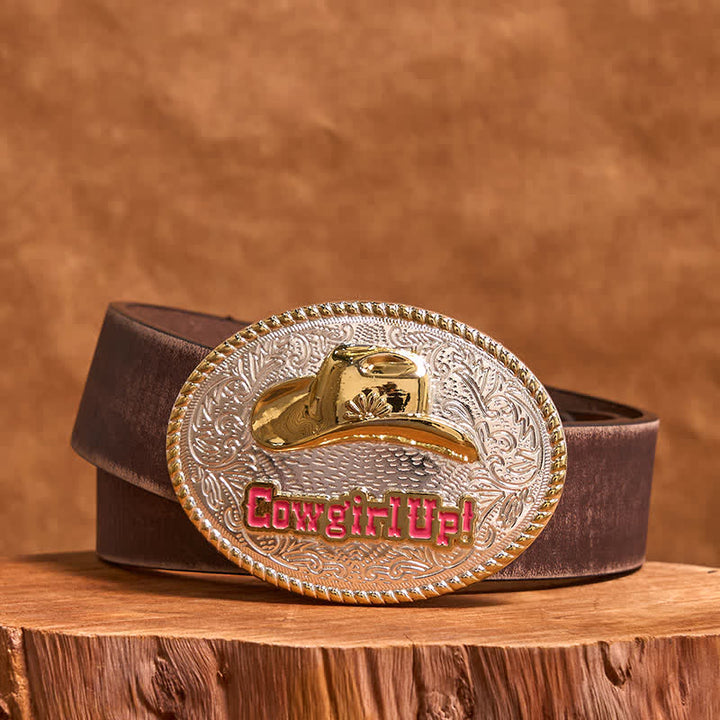 Cinturón de cuero con hebilla de sombrero occidental dorado y plateado DIY de Cowgirl Up