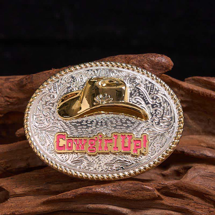 Cinturón de cuero con hebilla de sombrero occidental dorado y plateado DIY de Cowgirl Up