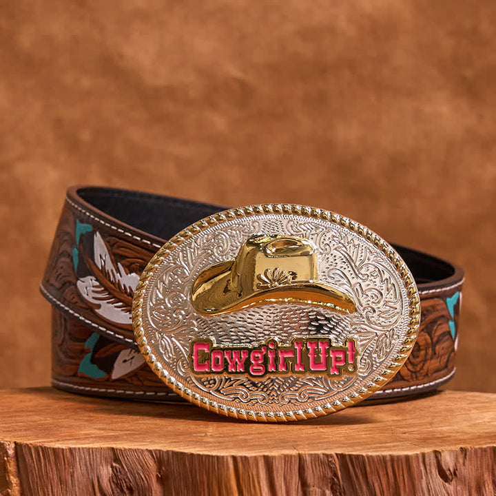 Cinturón de cuero con hebilla de sombrero occidental dorado y plateado DIY de Cowgirl Up
