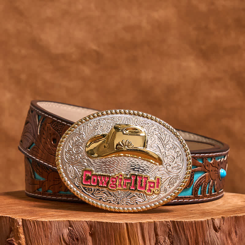 Cinturón de cuero con hebilla de sombrero occidental dorado y plateado DIY de Cowgirl Up