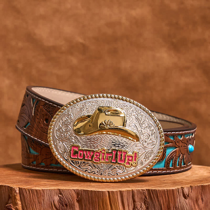 Cinturón de cuero con hebilla de sombrero occidental dorado y plateado DIY de Cowgirl Up