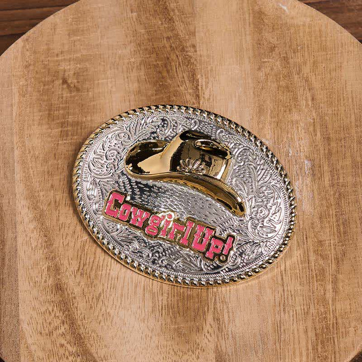Cinturón de cuero con hebilla de sombrero occidental dorado y plateado DIY de Cowgirl Up