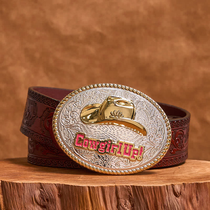 Cinturón de cuero con hebilla de sombrero occidental dorado y plateado DIY de Cowgirl Up