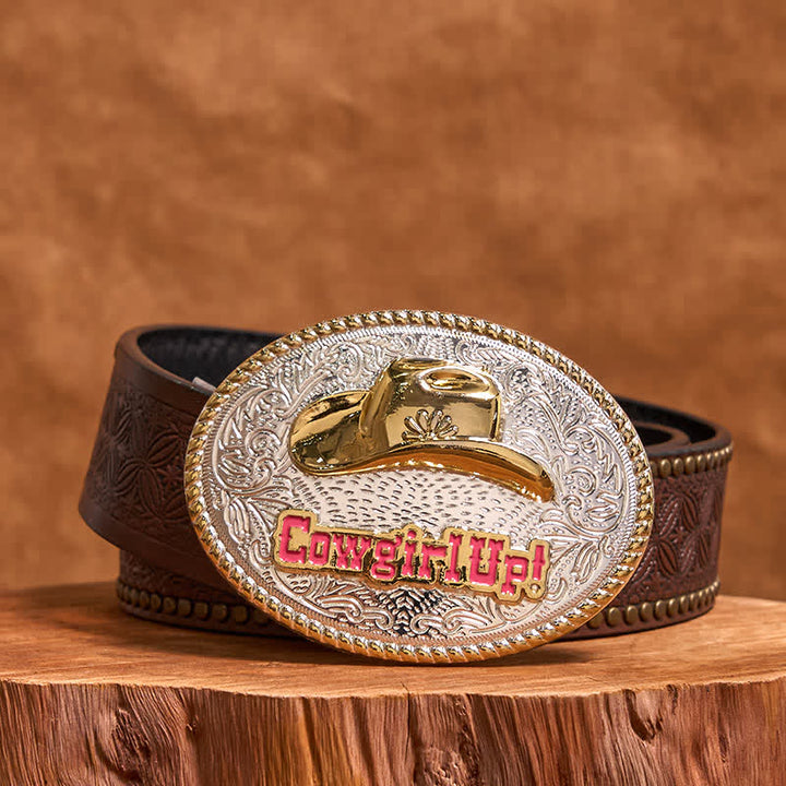 Cinturón de cuero con hebilla de sombrero occidental dorado y plateado DIY de Cowgirl Up