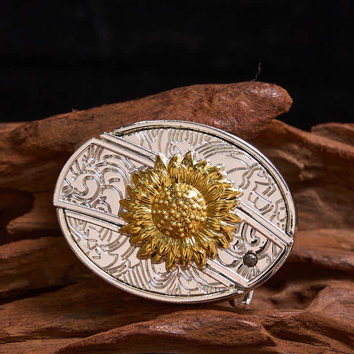 Cinturón de cuero con navaja plegable oculta con diseño de girasol dorado y plateado para hombre
