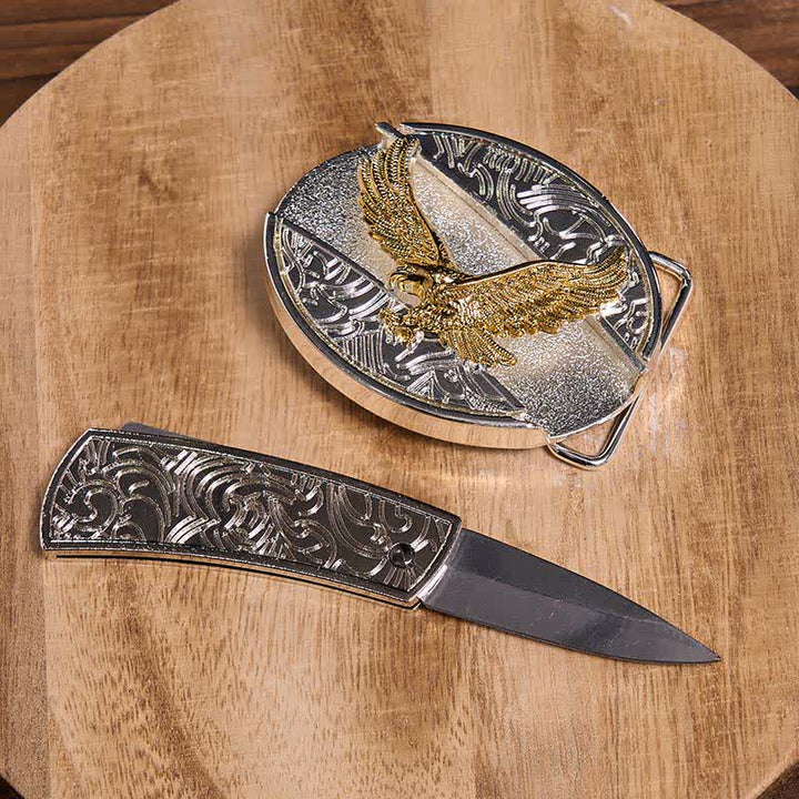 Cinturón de cuero con cuchillo plegable oculto de águila dorada y plateada para hombre