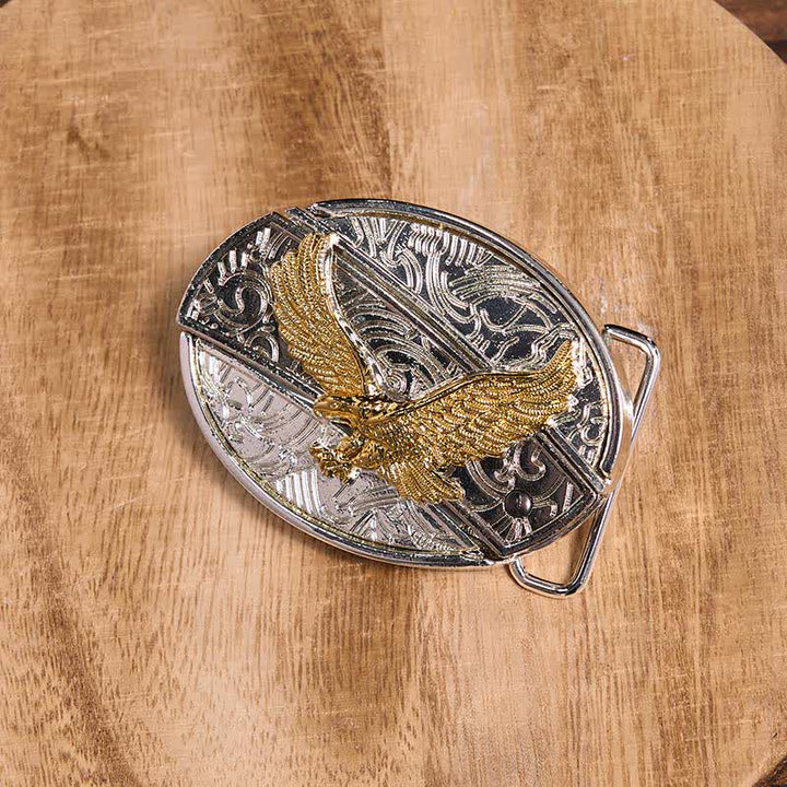 Cinturón de cuero con cuchillo plegable oculto de águila dorada y plateada para hombre