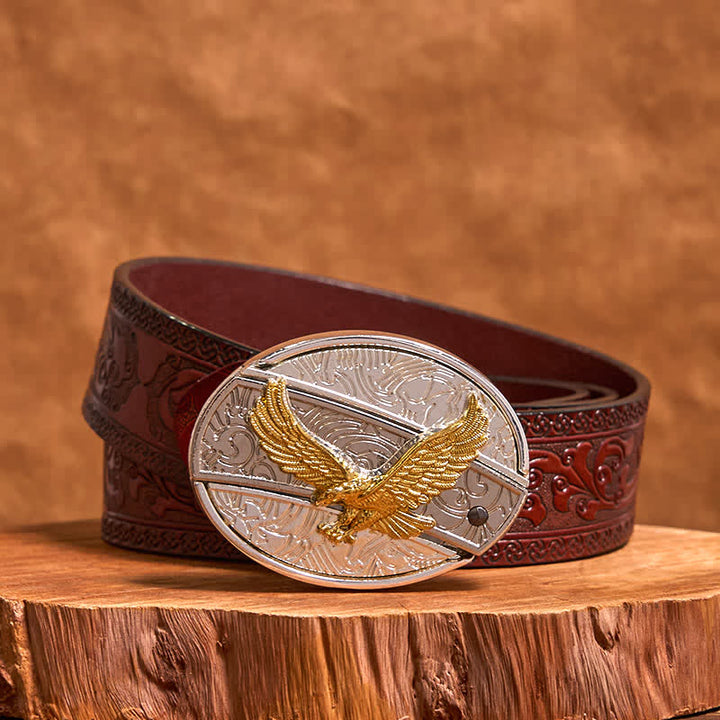 Cinturón de cuero con cuchillo plegable oculto de águila dorada y plateada para hombre