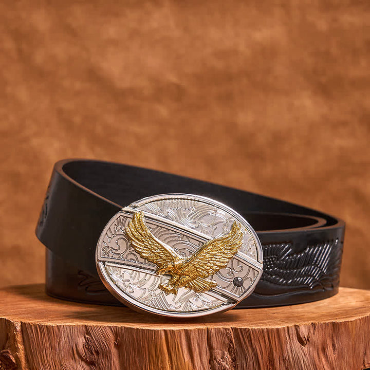 Cinturón de cuero con cuchillo plegable oculto de águila dorada y plateada para hombre