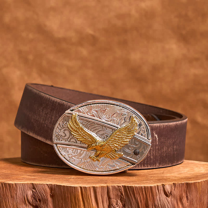 Cinturón de cuero con cuchillo plegable oculto de águila dorada y plateada para hombre