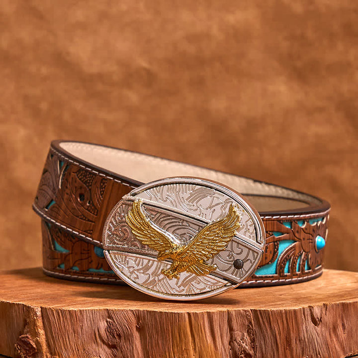 Cinturón de cuero con cuchillo plegable oculto de águila dorada y plateada para hombre