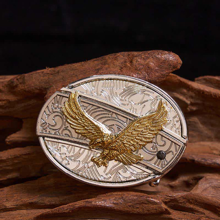 Cinturón de cuero con cuchillo plegable oculto de águila dorada y plateada para hombre