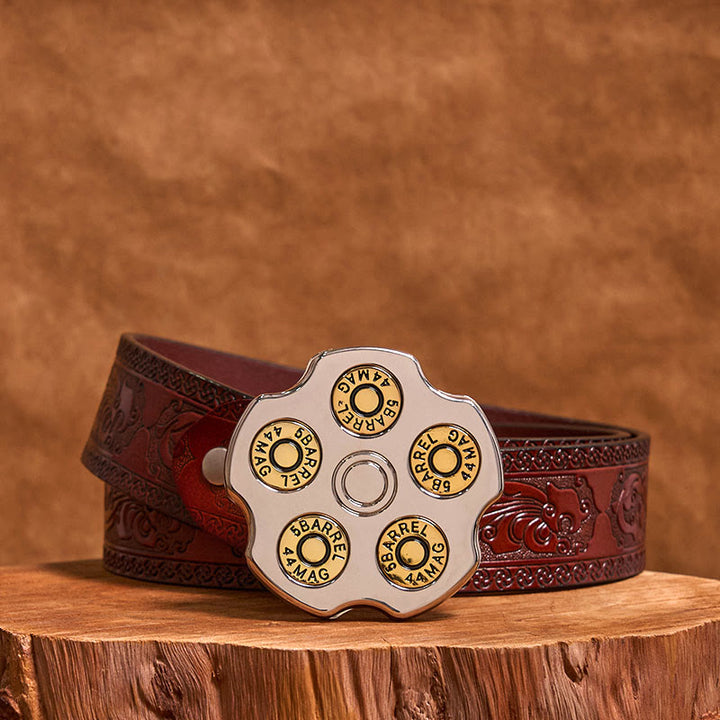 Cinturón de cuero con hebilla de vaquero occidental, hecho a mano, con rueda de bala 3D