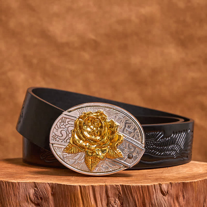 Cinturón de cuero con navaja plegable oculta para hombre, hecho a mano, en oro y plata (Preventa)
