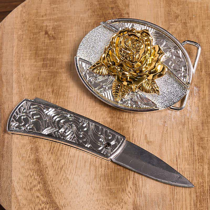 Cinturón de cuero con navaja plegable oculta para hombre, hecho a mano, en oro y plata (Preventa)
