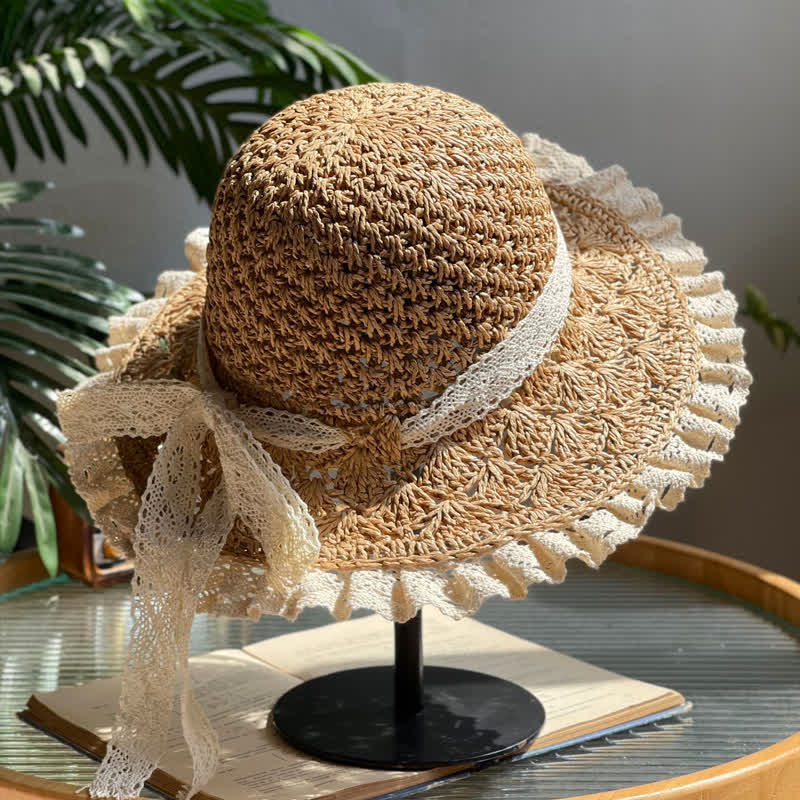 Sombrero de paja plegable de verano con ala de encaje y lazo hueco para mujer