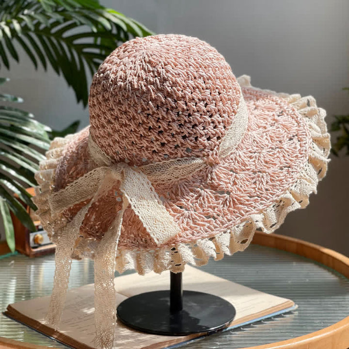 Sombrero de paja plegable de verano con ala de encaje y lazo hueco para mujer