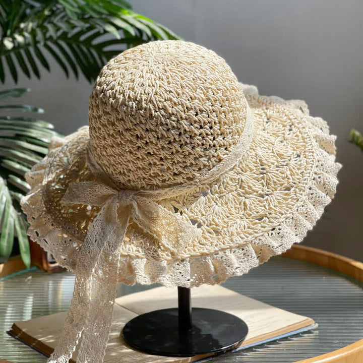 Sombrero de paja plegable de verano con ala de encaje y lazo hueco para mujer